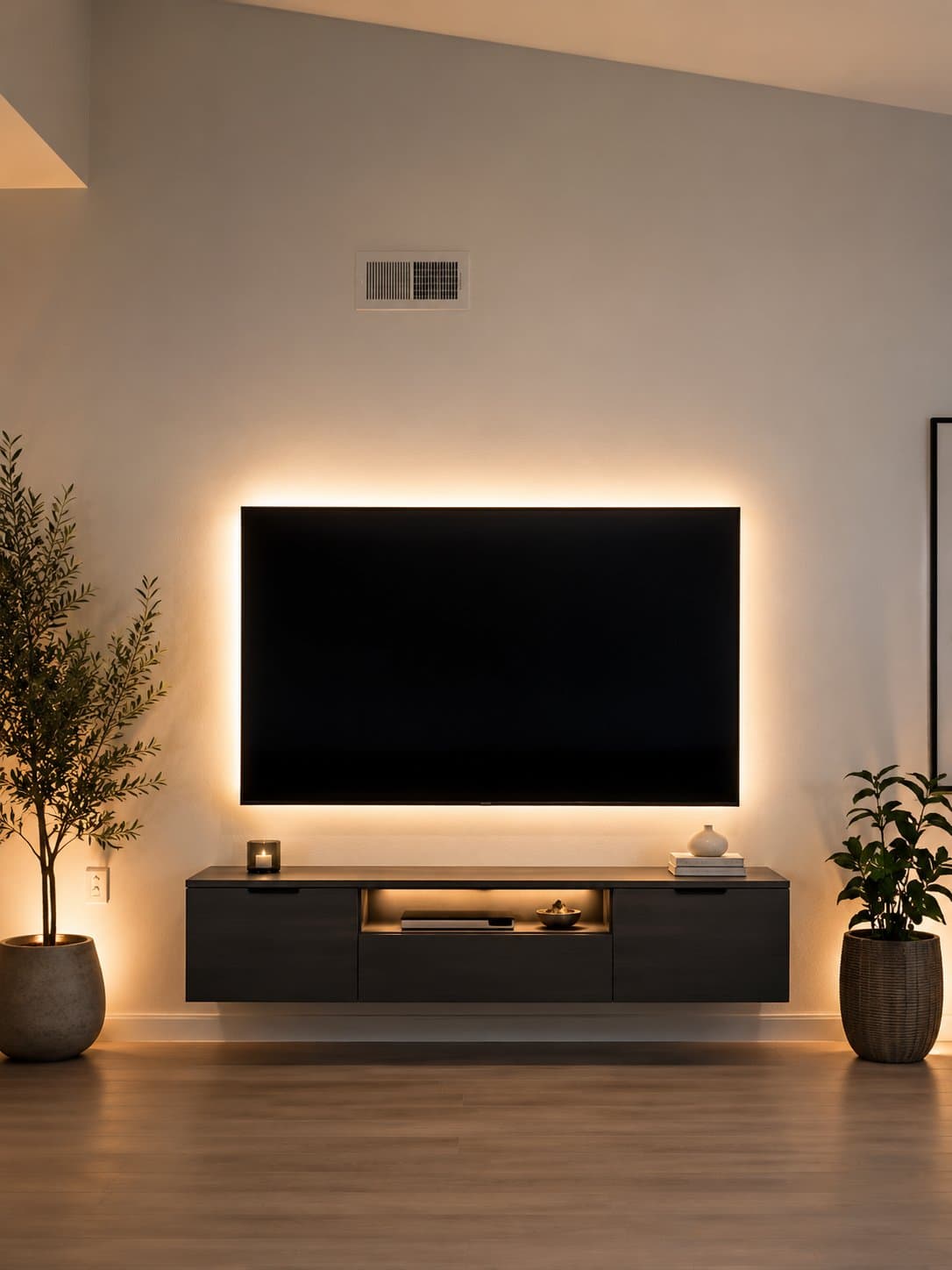 Featured floating console TV installation with clean lighting